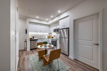 Modern, flat-panel cabinets with under-cabinet lighting